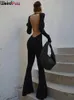 Kobiety Jumpsuits Rompers Dziwny puss Backless kombinezon kobiety elegancka impreza z długim rękawem czarne swobodne działanie 2023 Trend Trend Trend Streetwear trening