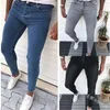 Man fast färg fritid mager jeans bundna fötter byxor smala fit denim pant casual män smal mode catchy elasticitet jogger2133