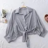 Women's Blouses Women Blusa Feminina Buttoned Up Shirts Office Lady Blouse Tied Waist Tops OL 2023 Summer