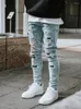 Herr jeans mager rippade mode tiggare lappar smala sträcka denim byxor hip hop jogging byxor streetwear