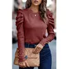 Damen Polos Casual Button Puff Langarm Herbst Bluse für Frauen Einfarbig Rundhals Slim Fit Herbst Tops AM5262