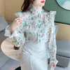 Women's Blouses Vintage Printed Gauze Floral Flare Sleeve Chiffon Shirt Clothing 2023 Autumn Winter Casual Tops Sweet Blouse