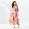 Floral Blanc Boho Maxi Robe pour Femmes Designer Lanterne Manches Slim Bow À Lacets Taille Vacances Fête Robes Longues 2023 Printemps Automne Col Montant Piste Imprimer Robes