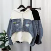 Frauen Strick Herbst Winter 2023 Patchwork Denim Strickjacke Mit Kapuze Koreanische Version Lose Design Ausländischen Pullover Jacke