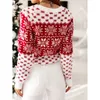 Suéteres femininos y2k roupas natal camisola de malha manga longa o-pescoço vintage jumper moda 2023 inverno floco de neve impressão vermelho pulôver