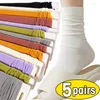 Women Socks 5pairs Japanese Loose High School Girls Harajuku Long Cute Solid Colors Knitting Striped Cotton Women's Sock