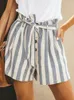 Women's Shorts Summer Striped Belt Loose Sports Cotton Casual Home White High Waist Workout Laced Up