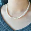 Beaded Necklaces 6mm White Freshwater Pearl Necklace 14K Gold Filled Extension Chain Elegant Pearls Beaded Statement Necklace Collier Perles 230403