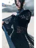 Kvinnors T-skjortor Umi Mao Retro Ancient Chinese Style Leather-Piecing Jacket Female Spring Dress Black Lace Hollow-Out Asymmetric Long Top