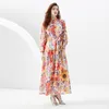 Bloemen Witte Boho Maxi-jurk voor Dames Designer Lantaarnmouwen Slanke Strik Veters Taille Vakantie Feest Lange Jurken 2023 Lente Herfst Opstaande Kraag Runway Print Jurken