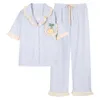 女性用スリープウェア半袖トップロングパンツパジャマセット夏の綿女性プリンセススタイルパジャマスイートラウンジウェアフェム服
