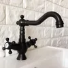 Rubinetti per lavandino del bagno Rubinetto per lavabo / Foro singolo Montaggio su piano Bronzo lucidato a olio nero 2 maniglie a croce Miscelatori con bocca girevole Tnf362