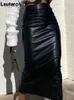 Jupes Lautaro printemps luxe élégant noir doux élastique en cuir PU plissé pansement crayon en cuir taille haute bureau costume femmes 230403