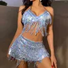 Dames Zwemkleding Sexy Pailletten Kwastje Buikdans Korte Rok Tops Sets Voor Vrouwen Sparkly Fringe Bikini BH Pak Festival Feest Strand Rave