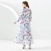 빈티지 휴가 Boho Maxi Dress Robe Lantern Sleeve 여성 디자이너 스탠드 칼라 보우 레이스 긴 드레스 2023 봄 가을 패션 프린트 활주로 드레스