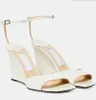 Yaz Lady Sandal Beyaz Deri Kama Ayakkabı Brien 85mm Deriler Kama Sandalları Düğün Elbise Kadın ayak bileği kayış açık ayak topuk