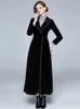 Women's Leather Faux Winter Runway Designer Women Vintage Notched Collar Wrap Black Velvet Maxi Overcoat Thick Warm Pocket Long Trench Coat Outwear 231102