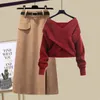 Two Piece Dress Korean Fashion Spring and Autumn Aging Cross Knit Sweater Thin Skirt Two-piece Elegant Women's Skirt Set 230403