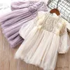 Ensembles de vêtements pour filles, robes à manches, vêtements de fête pour enfants, robe de printemps en dentelle avec perles, violet et blanc, 3-7T