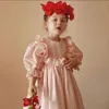 Dancewear Bloemenmeisje Roze Prinsessenjurk met pofmouwen Vintage Peuter Kinderen Meisje Spaanse Verjaardag Bruiloft Jurken 231110