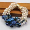 Strand GuaiGuai bijoux 5 rangées naturel blanc pomme de terre perle bleu verre cristal pièce Bracelet fait à la main pour dame