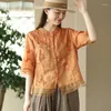 Damesblouses Bloem Chinese stijl Borduuroverhemden Zomer Drie mouwen Katoen Linnen Losse top O-hals Kleding