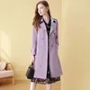 Trench da donna Giacca a vento ricamata viola coreana Primavera Autunno Cappotto medio-lungo Cappotto slim doppiopetto moda