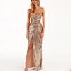 Casual Dresses Pink Wrapped Chest Sequin Dress Sexig slits Back Strap Simple and Elegant Formal Women's Long Summer Promotion