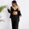 Vêtements de nuit pour femmes Pijama Restve Pyjamas décontractés pour femmes 3 pièces ensemble col rabattu hauts à manches longues soutien-gorge ensembles féminins avec pantalon solide maison