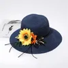 Breda randen hattar kvinnor fast färg stor stråhatt floppy strandmössa med solblommepartner fiskare