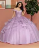 ライトパープルレースボールガウンQuinceaneraドレスビーズ3D花甘い16卒業プロムパーティーガウンVestidos de Novia