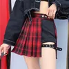 Skirts All Match Women Short Fashion Tartan Red Pleated Streatwear Plaid Side Button Womens Casual Mini 230403