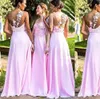Hot Pink Garden Long Bridesmaid Dresses 2023 Lace Chiffon One-shoulder Beach Boho Junior maid of Honor Wedding Guest Gown Cheap