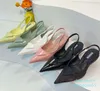 2023 Sandaler Triangel Sexig Gaze Strass Dekorativ Calico Damklänning Skor Lyxig Designer Läderhäl