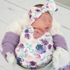 Filtar 3st tillbehör född hem po prop gåva blommig tryck sover med hatt baby swaddle filt set mjukt huvudband pojke flicka