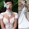 Princesa floral laço vestido de casamento praia feminino ilusão volta apliques alta pescoço sereia vestidos de noiva cetim