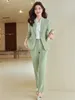 Kvinnors tvåstycksbyxor 2023 Autumn Women Formal Pant Suit Ladies Black Green Apricot Pink Female Business Work Wear Blazer Jacket Trouser 2