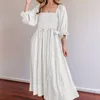 Casual Dresses 2023 European American Women's Dress Autumn Lace Belt Ruffle Edge Bubble Sleeve Solid Color Long White Vestidos