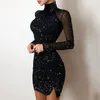 Casual Dresses Elegant Short Evening For Women Sequined High Collar Slimming Formal Occasion Dress Mesh Long Sleeve Wrap Prom Gown