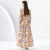 Designer vakantie maxi-jurk met opstaande kraag dames lantaarnmouwen slanke strik veters taille vintage print feest boho jurken gewaad 2023 lente herfst casual runway jurken