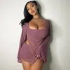 Skirts Two Piece Set Women Sexy Outfits Tiered Skirt And Top Off Shoulder Long Sleeve Short Dress Sets Fall Streetwear Clothing