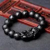 Strand Natural Obsidian Fengshui Pixiu Bracelet Men Women Black Jades Brave Troops Six-word Mantra Bead Bangle Lucky Amulet Gift