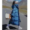 Damskie okopy płaszcze niebieskie kurtkę z kapturem długie bawełniane ubrania zima ciepło zagęszcza wiatroodporna koreańska moda luźna wierzchołka