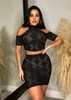 Work Dresses Gotoola 2023 Fashion Solid Color Hollow Round Neck Cold-Shoulder Bodycon Midriff Outfit Burnt Flower Hip Skirt Suit