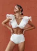 Women's Swimwear Fitshinling Mesh Ruffles High Waist Bikinis Sets Deep V Neck Slim Sexy Women's Swimsuits Swimwear Beach Fitness Bathing Suits 230331