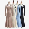 Casual Dresses Korean Knitted Ruffles Long Dress Women Solid Full Sleeve V Neck Slim Fit High Waist Sweaters A Line Autumn Winter