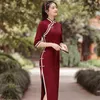 Abbigliamento etnico Elegante pizzo colletto alla coreana Tinta unita Cotone Cheongsam Bottoni fatti a mano Mezza manica Qipao Abito da donna cinese