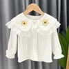 Kids Shirts Embroidered Baby Girls Cotton Shirt Long Sleeve Puff Shirt Children's Double Neck Lace Top 230403