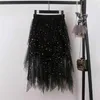 Skirts 2023 Summer Women Mesh Solid A-Line High Waist Layered Cake Tulle Ladies Irregular Sequined Pleated Tutu Z141