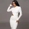 Casual Dresses Long Sleeve White Midi Dress Woman Cut Out Ruched Bodycon Elegant Autumn Winter One Piece Black